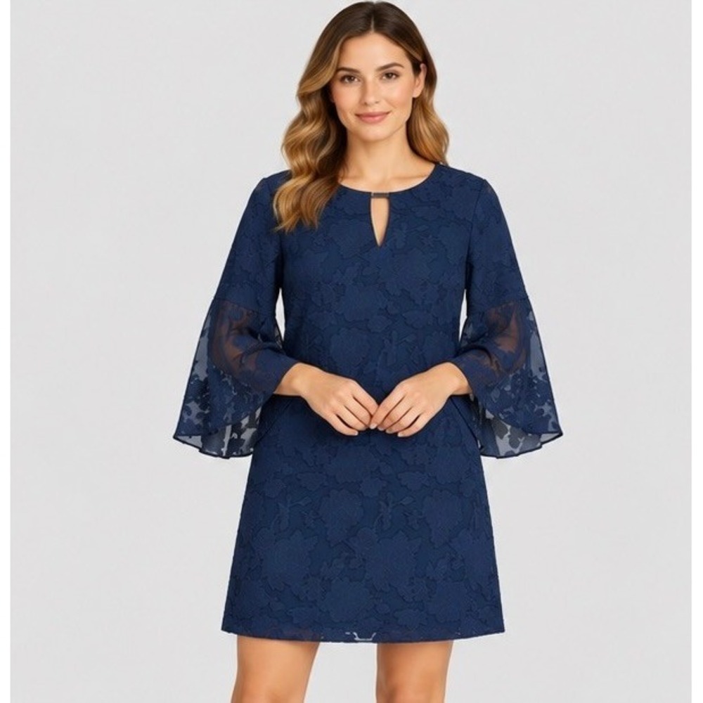 Kensie Womens 4 Navy Blue Shift Dress Bell Sleeve Burnout Floral Boho KDKP0328